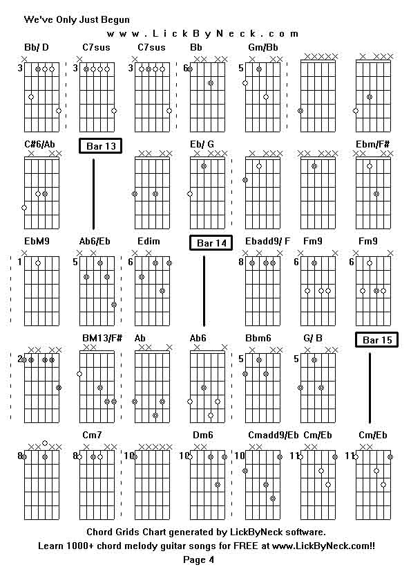 Chord Grids Chart of chord melody fingerstyle guitar song-We've Only Just Begun,generated by LickByNeck software.